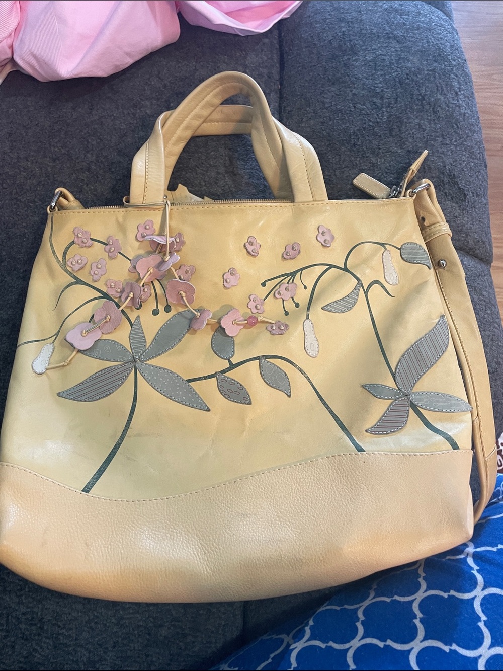 Yellow Floral Appliqué Leather Tote Bag